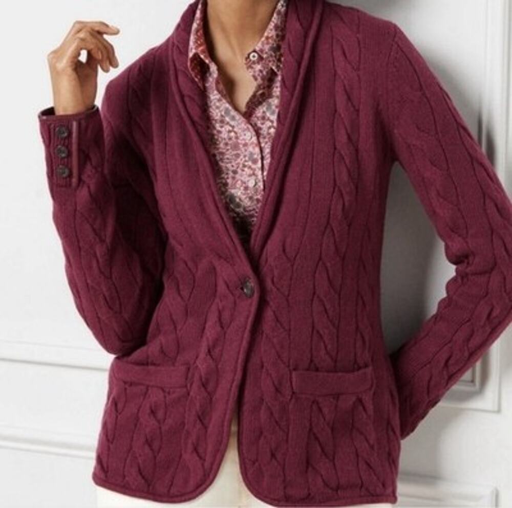 Talbots Shawl Collar Cable Knit Sweater Cardigan Burgundy Leather Trim Academia